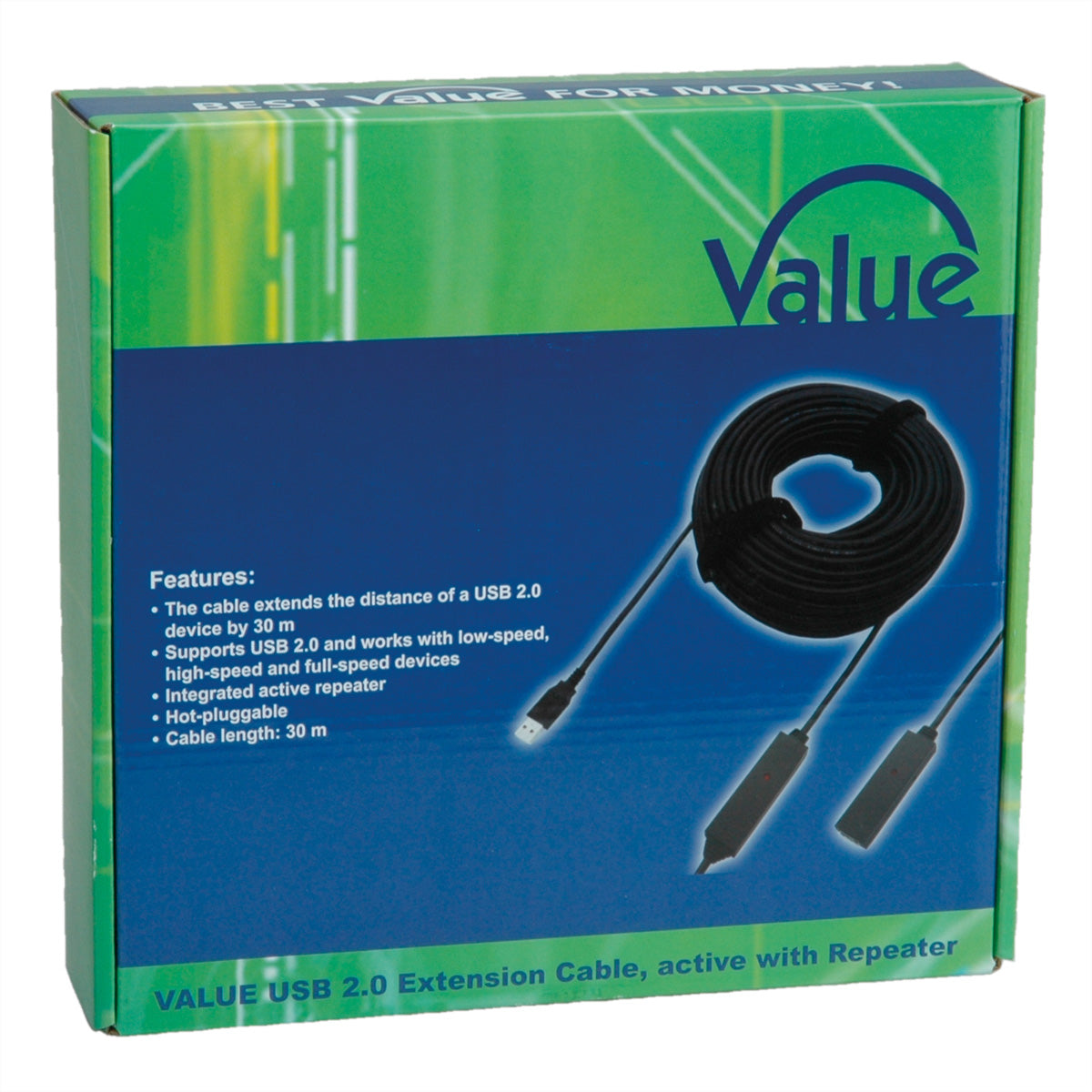 VALUE USB-A Verlängerungskabel (Stecker auf Buchse) – USB 2.0 (480 Mbps) – 30 m – Aktiv – Schwarz