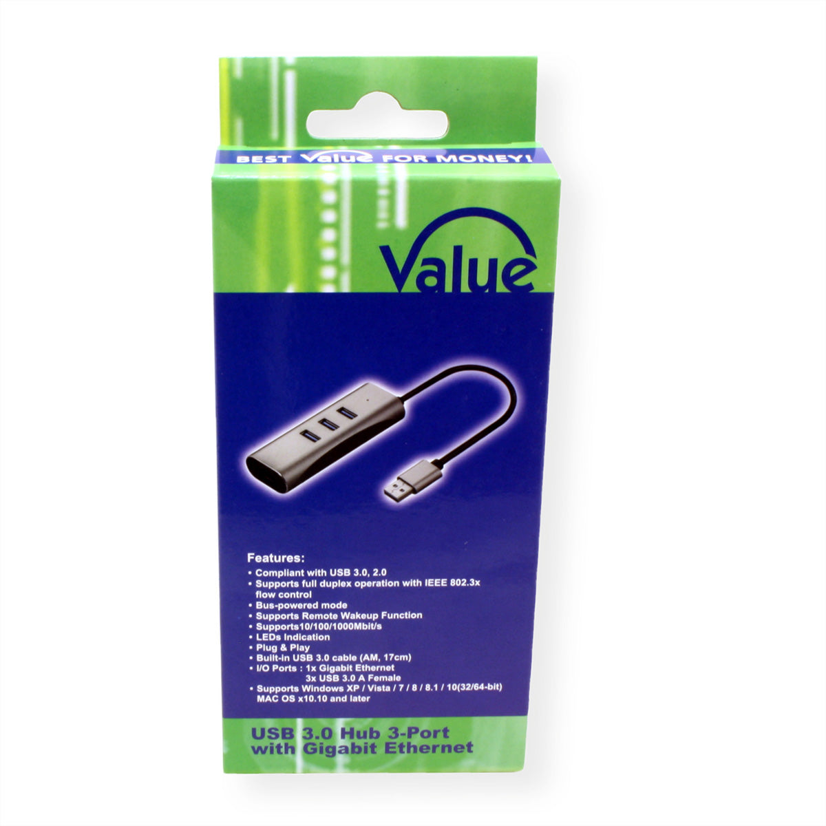 VALUE USB-Hub – 3× USB-A, GbE, für Windows/Mac