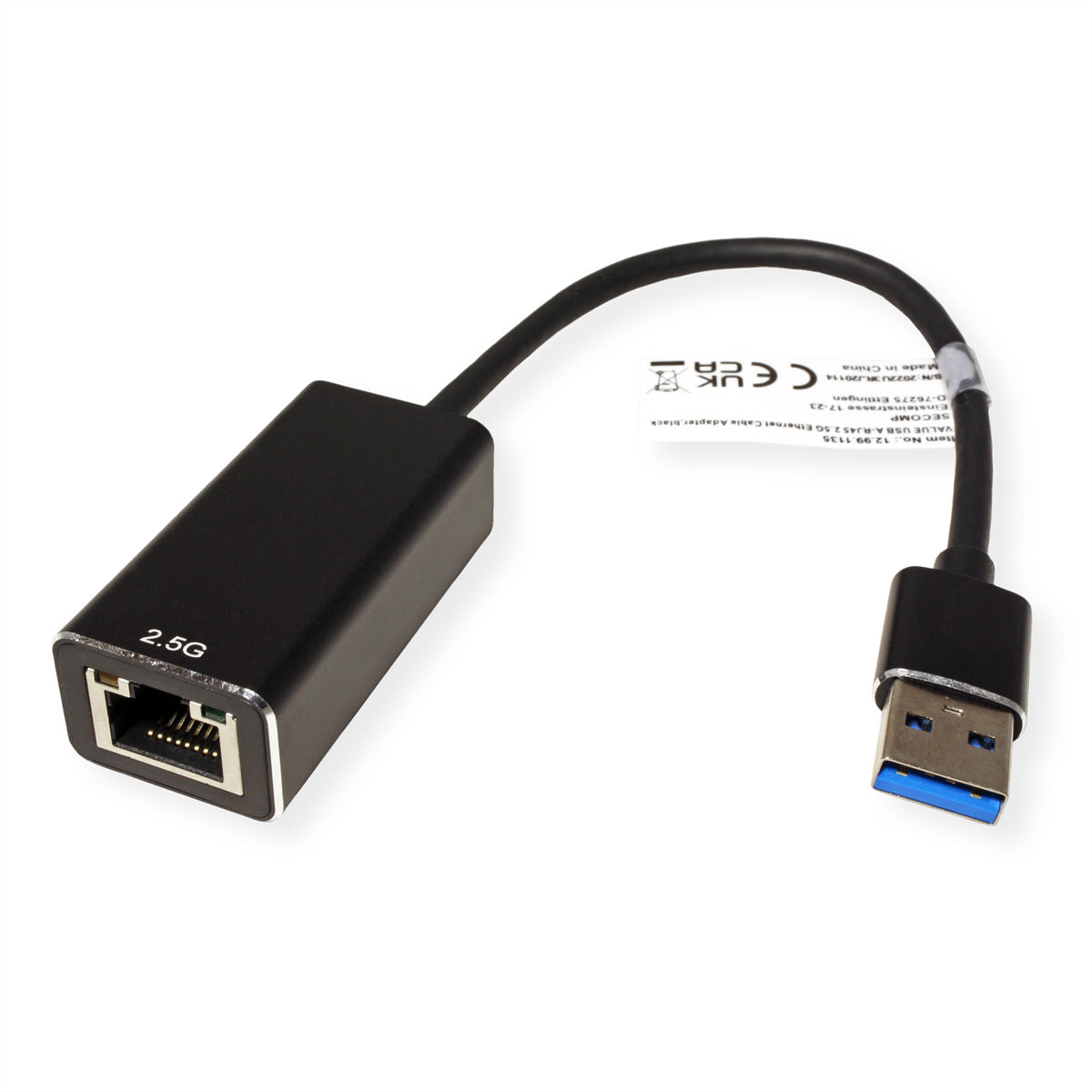 VALUE Netzwerkadapter USB-A zu RJ-45 – 2,5 Gbit/s, 1× RJ-45, 15 cm, USB 3.2 Gen 1, busgespeist, Schwarz