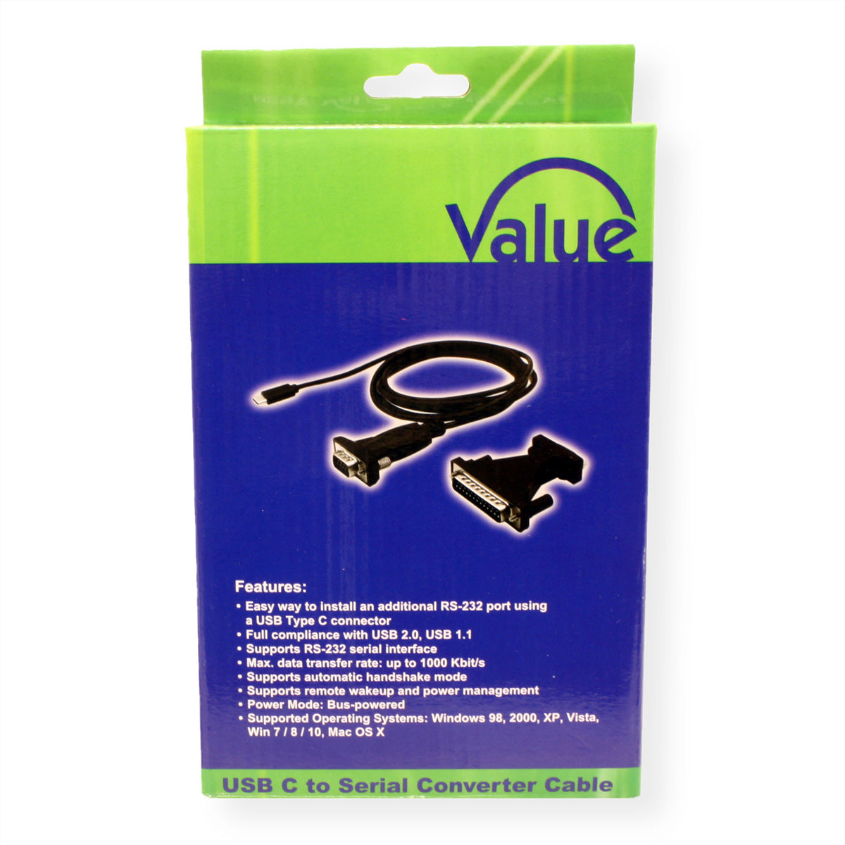 VALUE USB Seriell Konverter USB-C zu RS232 (DB9/DB25) – 1,8 m, USB 2.0/1.1 – Schwarz