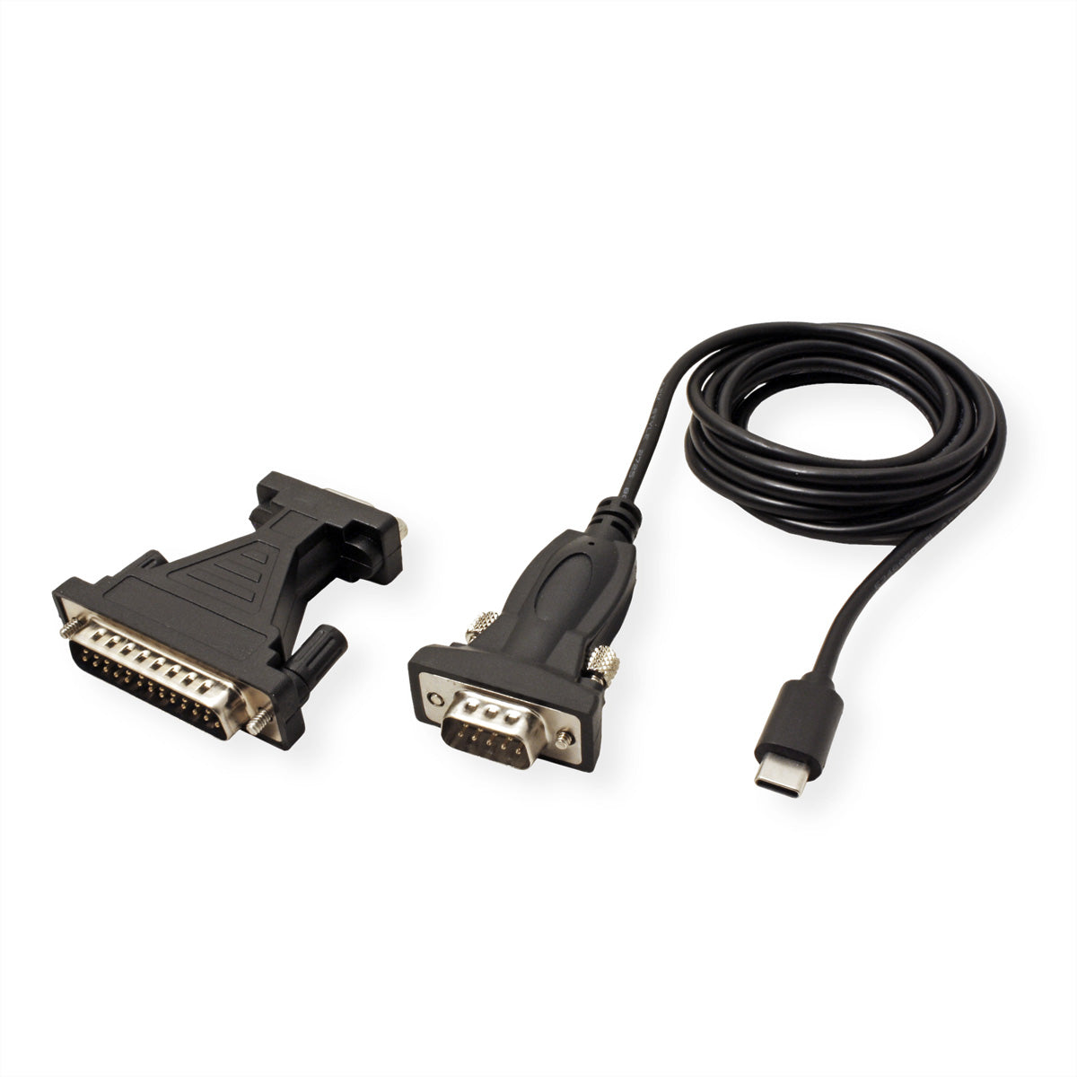 VALUE USB Seriell Konverter USB-C zu RS232 (DB9/DB25) – 1,8 m, USB 2.0/1.1 – Schwarz