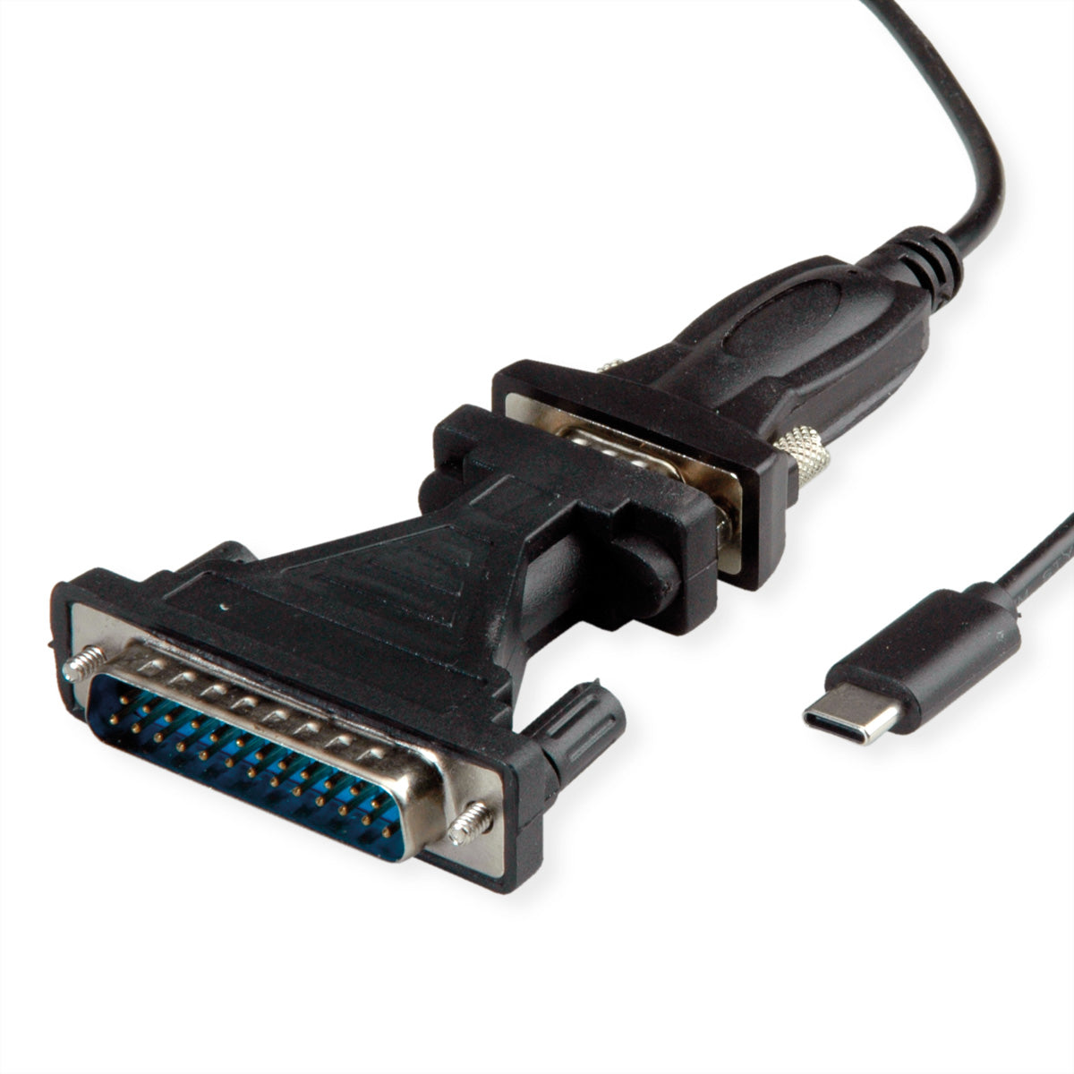 VALUE USB Seriell Konverter USB-C zu RS232 (DB9/DB25) – 1,8 m, USB 2.0/1.1 – Schwarz