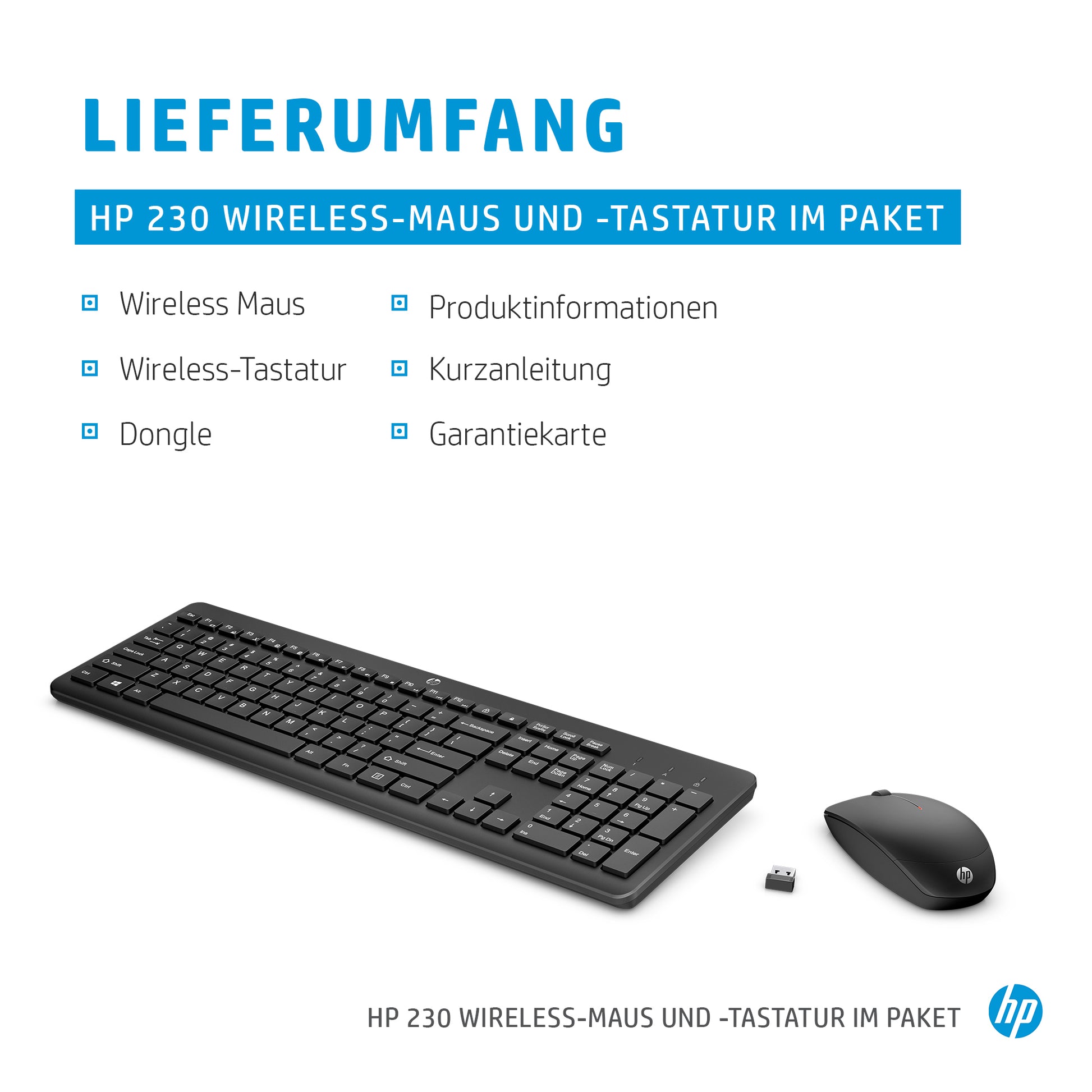 HP 230 – Tastatur- und Maus-Set – Membran – 2,4 GHz USB-A (Empfänger) – Weiss – für HP-PCs mit USB-A-Anschluss