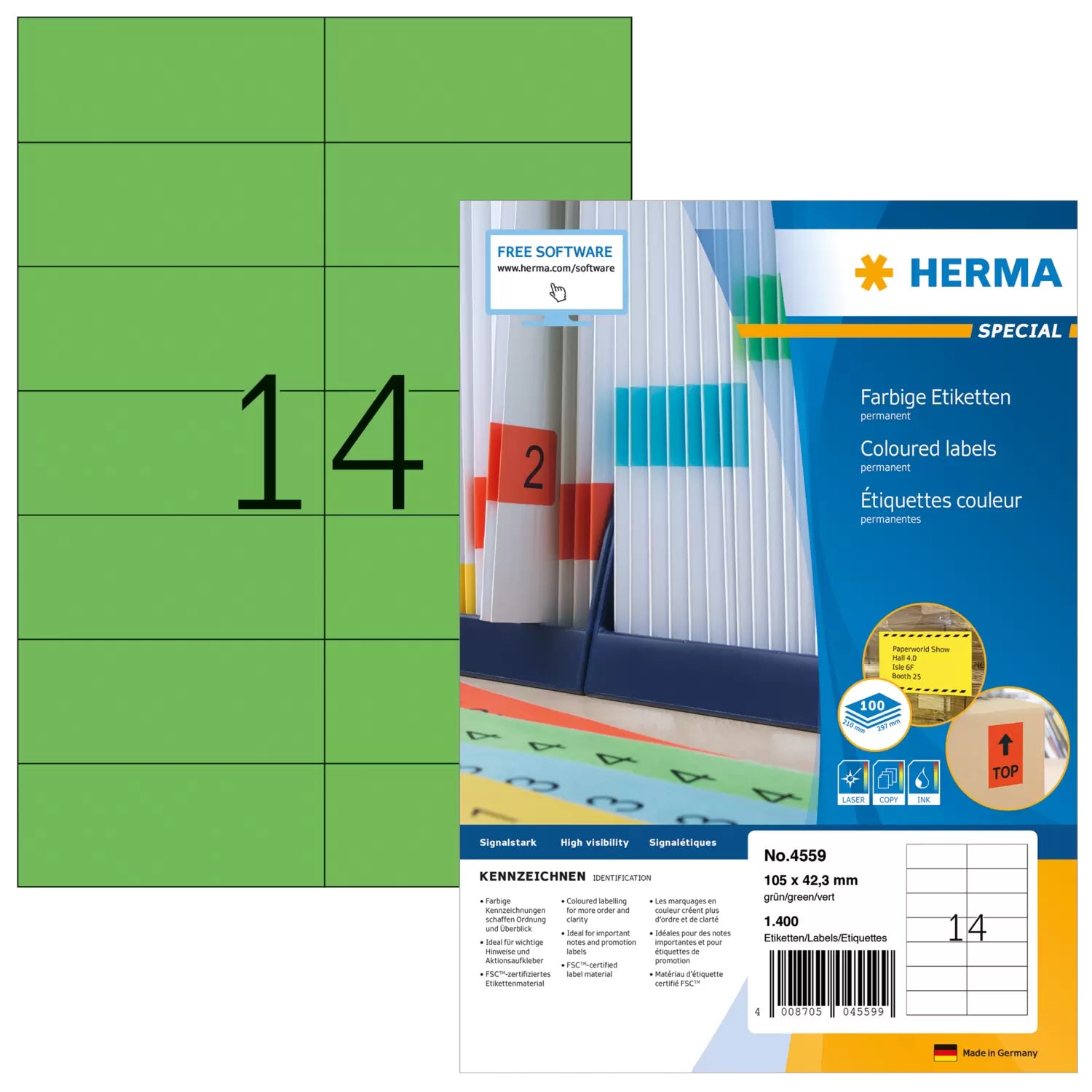 HERMA 4559 – Etiketten A4 105 × 42,3 mm – Papier, matt, grün – permanent haftend – Laser/Inkjet – 14 pro Blatt, 10