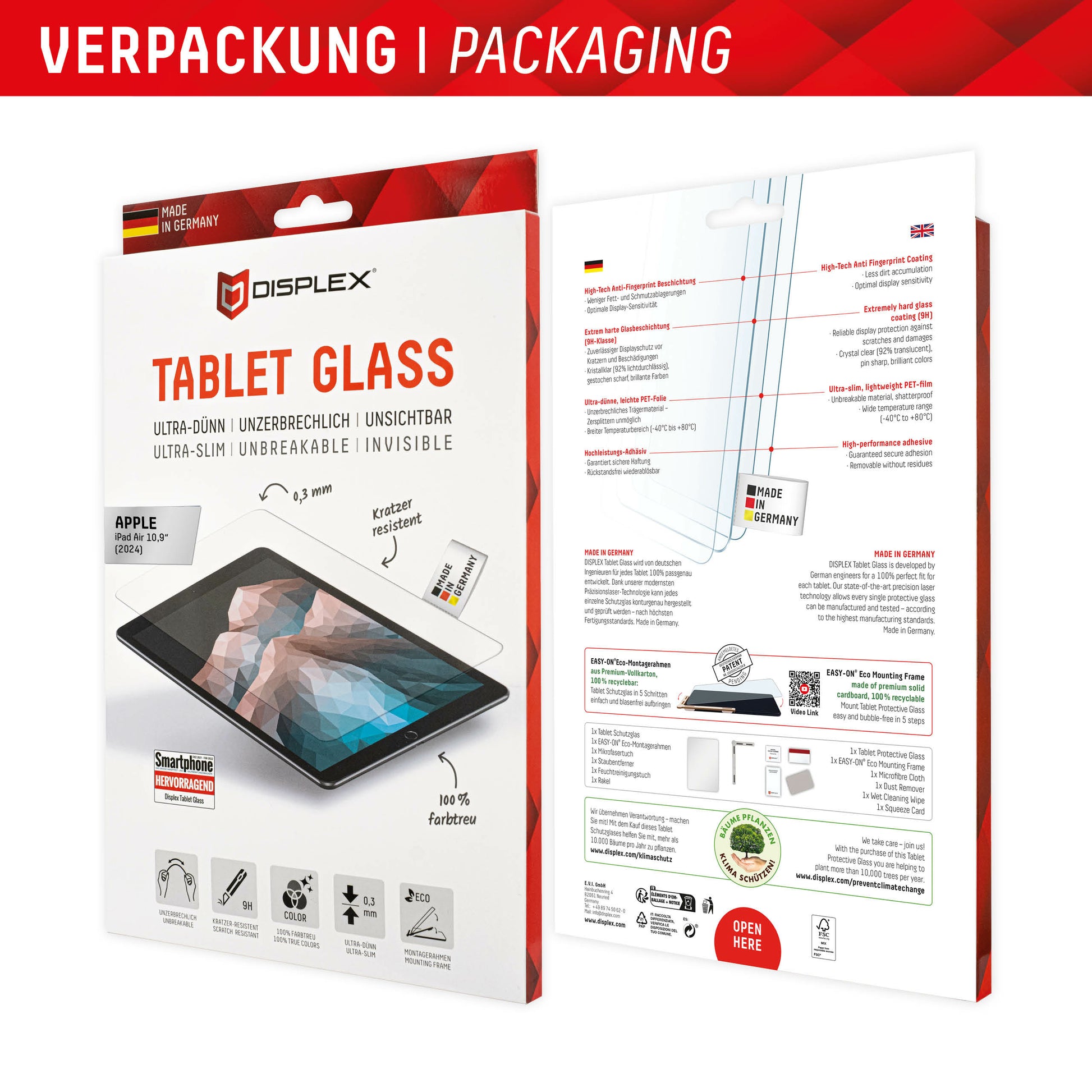 E.V.I. Panzerglas für Apple iPad Air 10,9" (6. Gen.) – 9H, Anti-Fingerprint