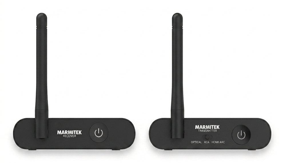 Marmitek Audio Anywhere 730 – Kabelloses Audio-Extender-Set, 1× HDMI Eingang, RCA/Toslink, 100 m, Stereo, HDMI ARC