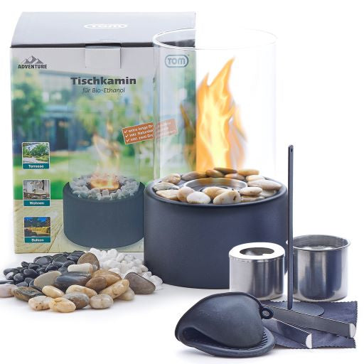 Dameco Tischkamin – für Bio-Ethanol – Ø 16 × 26,5 cm – Glas & Stein, Anthrazit
