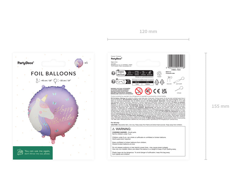 PartyDeco Folienballon Einhorn – mehrfarbig – 35 × 35 cm – Folie – 1 Stk