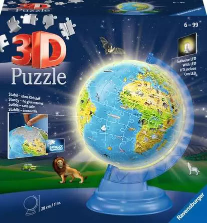 Ravensburger 3D-Puzzle Globus (Landkarte) – 180 Teile – Ø 26,5 cm – mit LED-Licht – ab 6 J. – Kunststoff – FSC