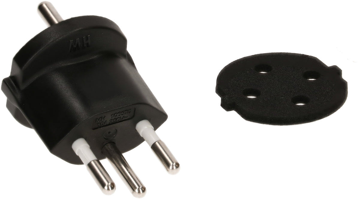 Max Hauri AG Fixadapter Schuko zu Typ 12 – 230 V, 10 A, 3-polig, nicht demontierbar, Dichtung, Schwarz