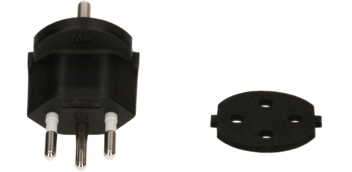 Max Hauri AG Fixadapter Schuko zu Typ 12 – 230 V, 10 A, 3-polig, nicht demontierbar, Dichtung, Schwarz