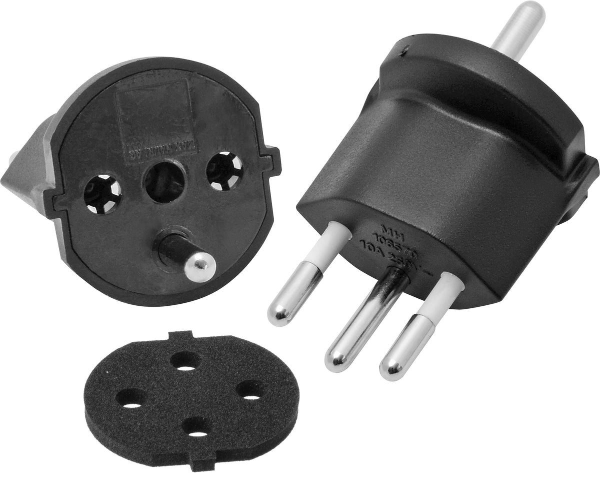 Max Hauri AG Fixadapter Schuko zu Typ 12 – 230 V, 10 A, 3-polig, nicht demontierbar, Dichtung, Schwarz