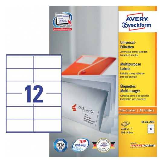 AVERY Zweckform Haftetiketten – rechteckig 105 × 48 mm, permanent, weiss, A4, 200 Blatt (2'400 Stk.)