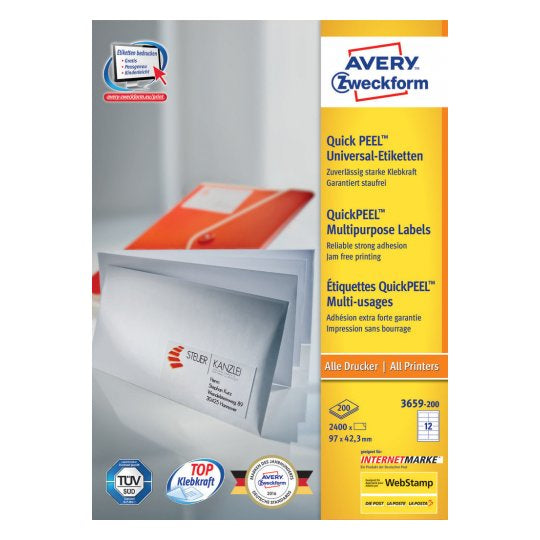 Avery Etiketten, 97 mm × 42 mm, weiss, Papier, permanent, 220 Blatt (2640 Etiketten)