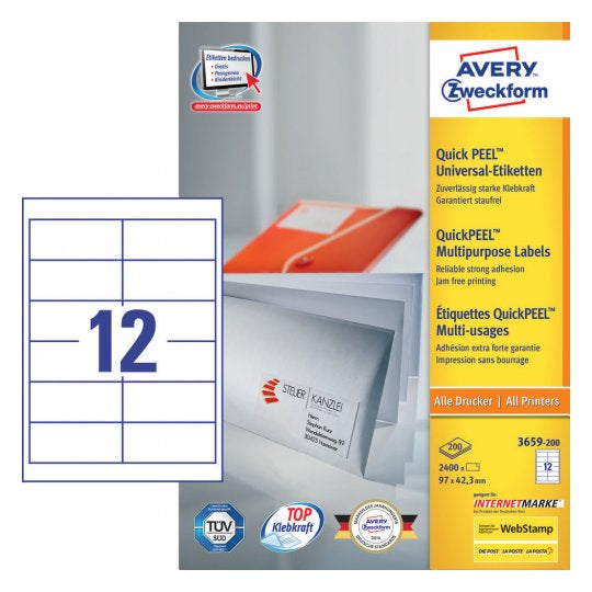 Avery Etiketten, 97 mm × 42 mm, weiss, Papier, permanent, 220 Blatt (2640 Etiketten)