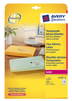 Avery Zweckform – Adressetiketten L4770-25, 46 mm × 25 mm, transparent, für Laserdrucker, 1000 Stk.