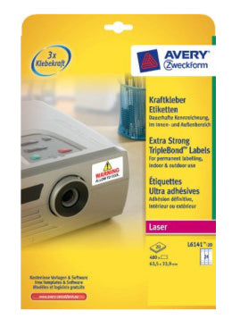 Avery Druckeretiketten, 64 mm × 34 mm, weiss, Folie, extra stark, 480 Etiketten (20 Blatt)
