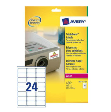 Avery Druckeretiketten, 64 mm × 34 mm, weiss, Folie, extra stark, 480 Etiketten (20 Blatt)