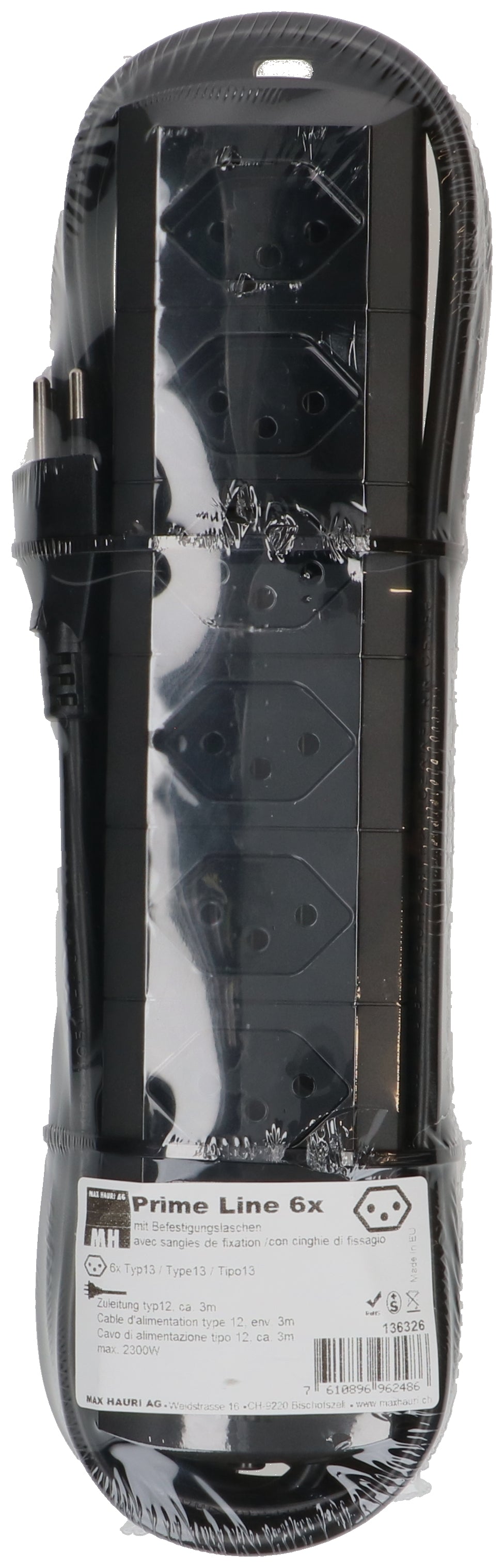 Max hauri split Max Hauri Prime Line Steckdosenleiste, 6×T13, 3 m, Eingang T12, Befestigungslaschen, Überstromschutz – schwarz