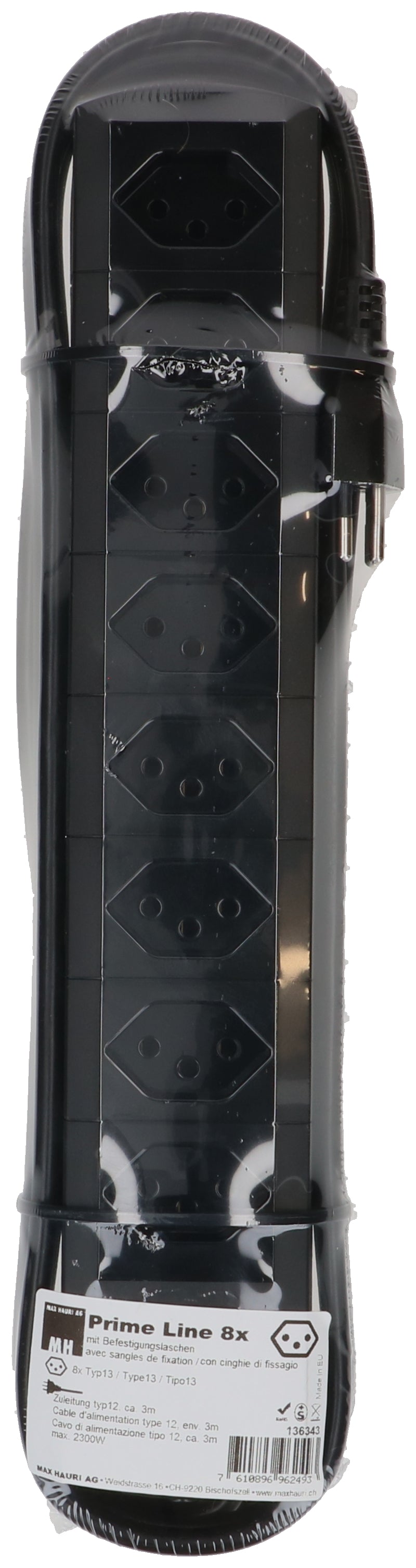 Max hauri split Max Hauri Prime Line Steckdosenleiste – 8× T13, 3 m, mit Überstromschutz, schwarz