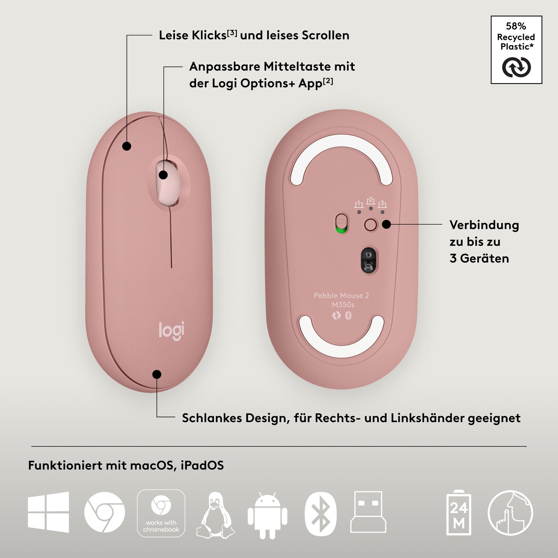 Logitech Pebble 2 Combo – Tastatur- und Maus-Set – Mini, Scherenmechanik – Bluetooth & 2,4 GHz (Logi Bolt) – QWERTZ (DE)