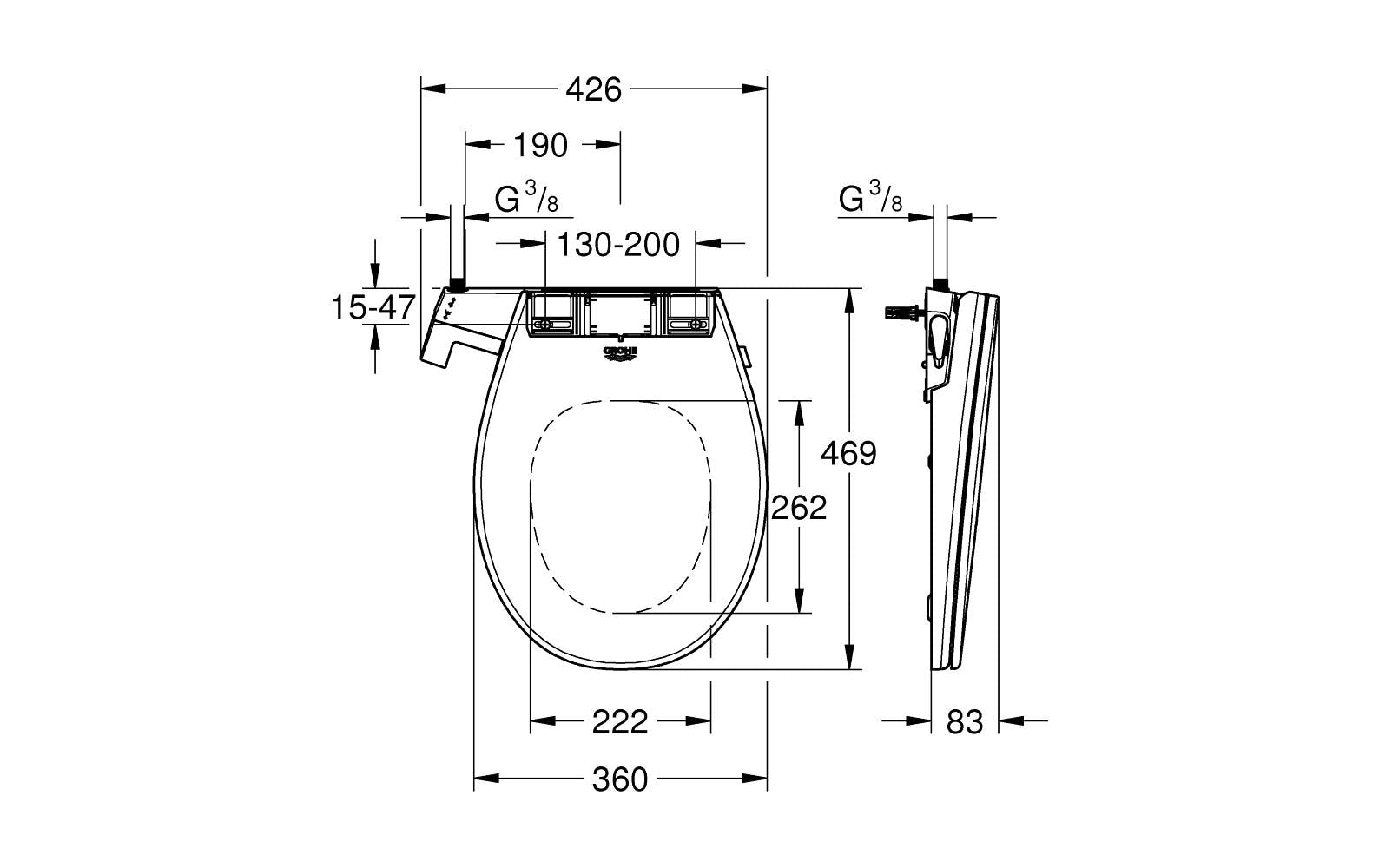 GROHE WC-Sitz Bau 39648 – Keramik, Weiss, Dusch-WC, einstellbare Sprühintensität, 42,6 × 46,9 cm