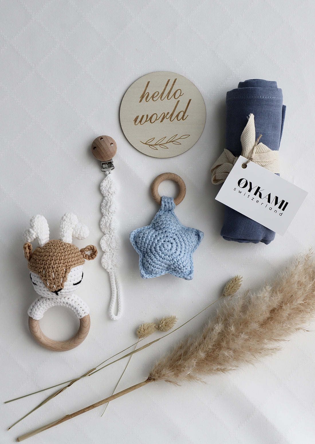 OYKAMI Geschenkbox – Organische Baumwolle, Holz – Blau, Weiss