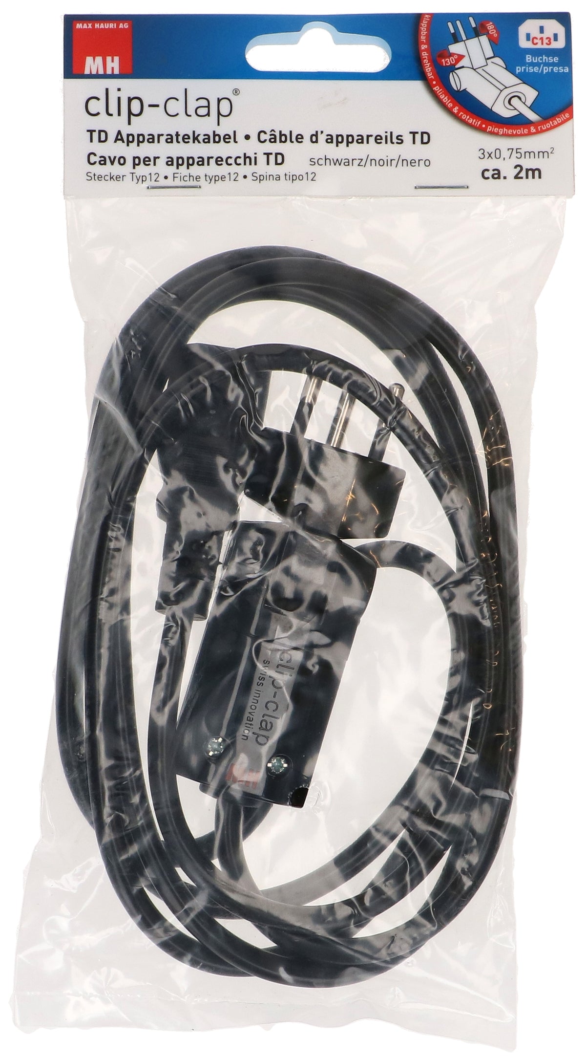 Max Hauri AG Max Hauri Netzkabel – T12 clip-clap–IEC C13, 2 m, 230 V/10 A, schwarz