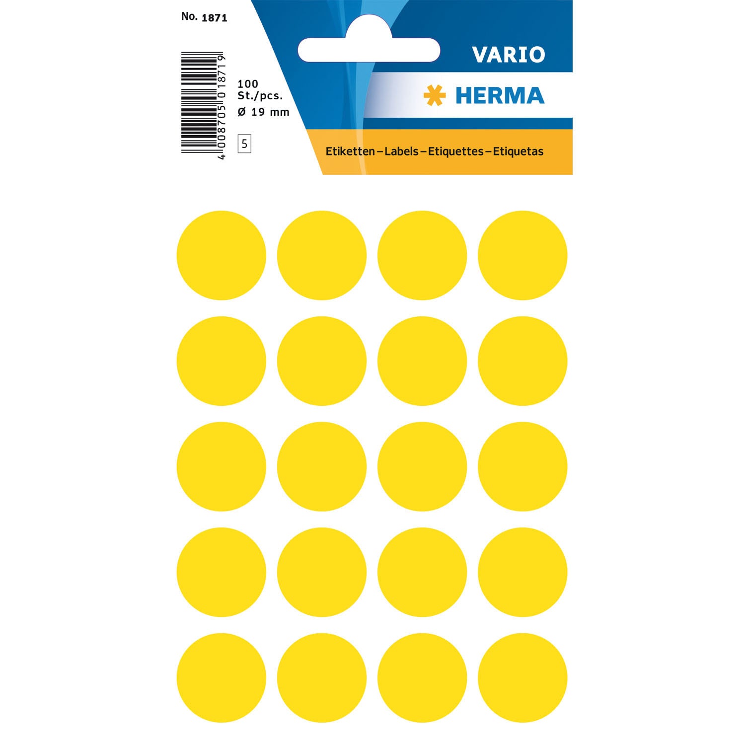 HERMA Vario Schuletiketten – Motiv Farbpunkte – Ø 19 mm, 100 Stk, 5 Bogen, Papier