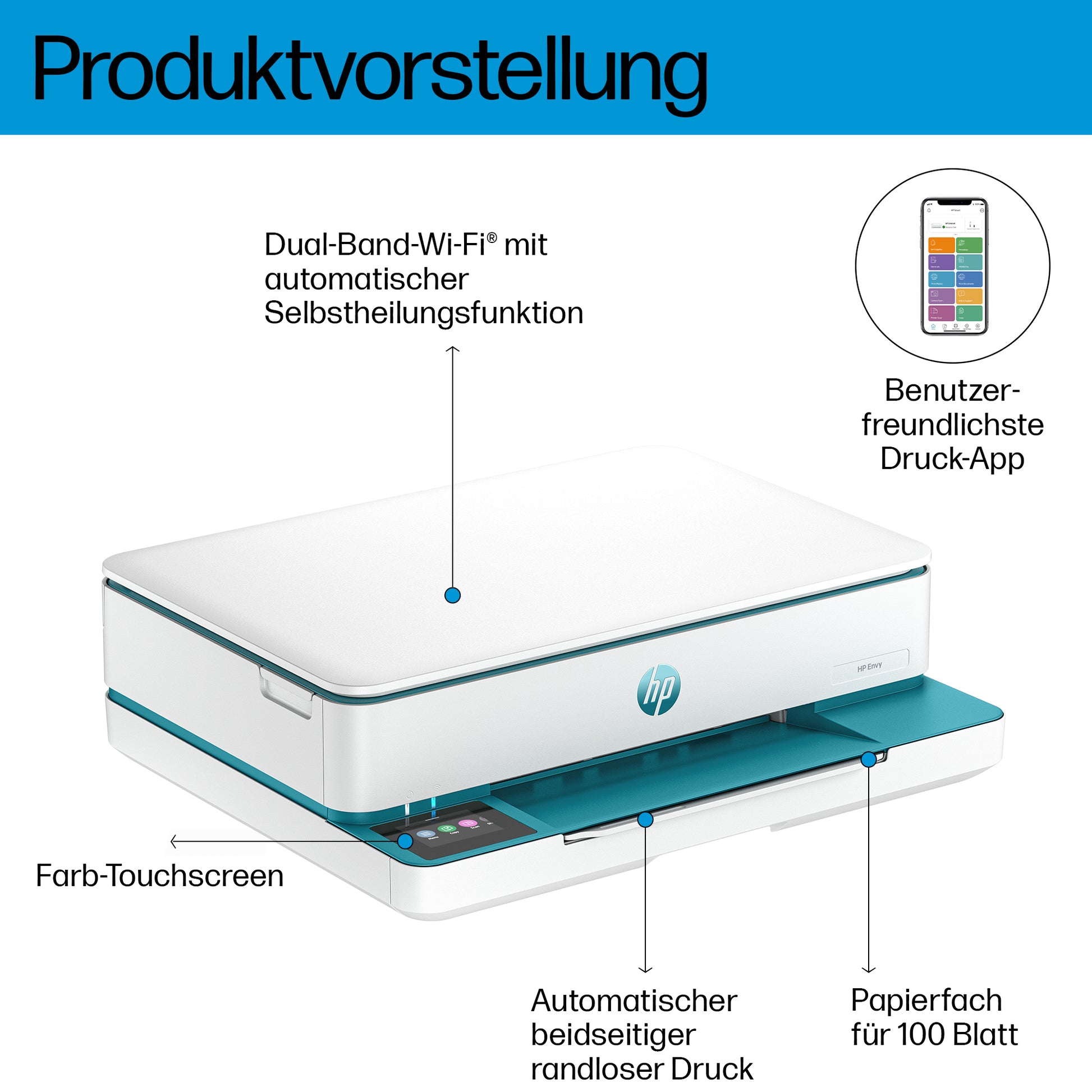 HP Envy 6122E Wireless – Farbtintenstrahl-Multifunktionsdrucker, A4, 3-in-1, Duplex, WLAN, AirPrint, Mopria