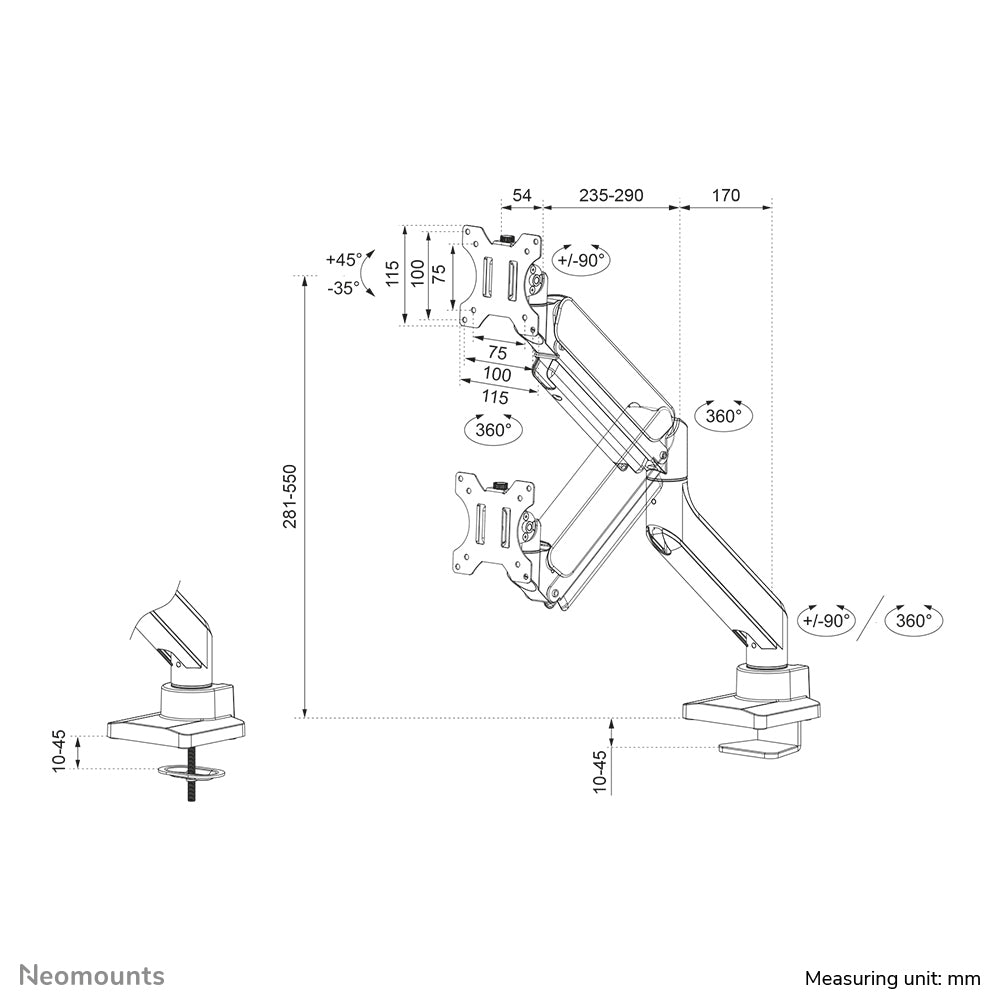 Neomounts DS70-450WH1 – Monitorarm, bis 42", Neigen/Schwenken, Weiss
