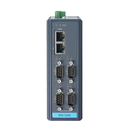 Advantech DI/O-Modul (Ethernet) – 2× RJ-45, 4× RS-232/422/485, Modbus RTU/TCP/ASCII, DIN-Schiene – EKI-1224-CE