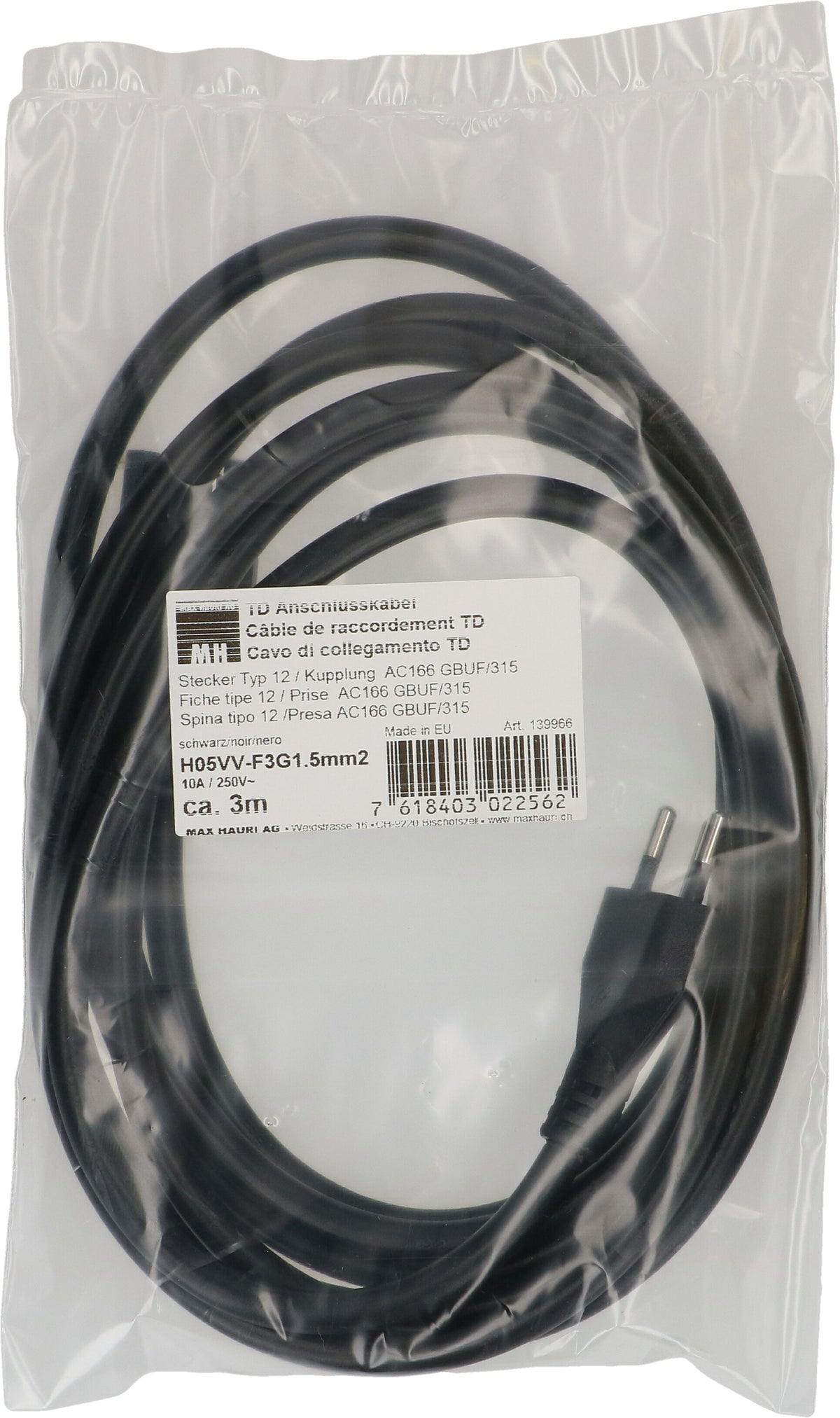 Adels Verlängerungskabel – T12–Adels AC 166, 3 m, 3×1,5 mm², H05VV-F, schwarz
