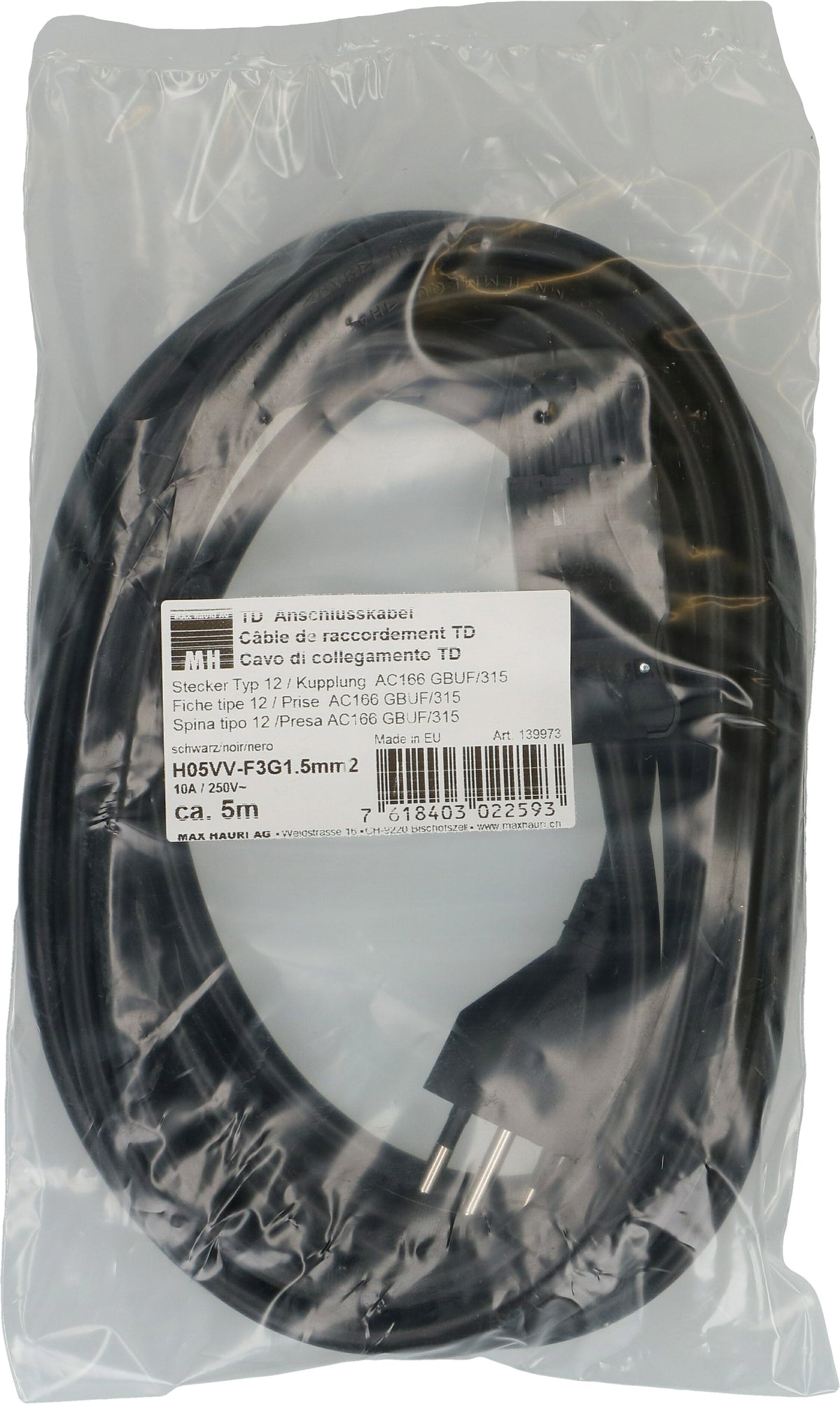 Adels Verlängerungskabel – T12–Adels AC 166 5 m 3×1,5 mm² 230 V/10 A Schwarz