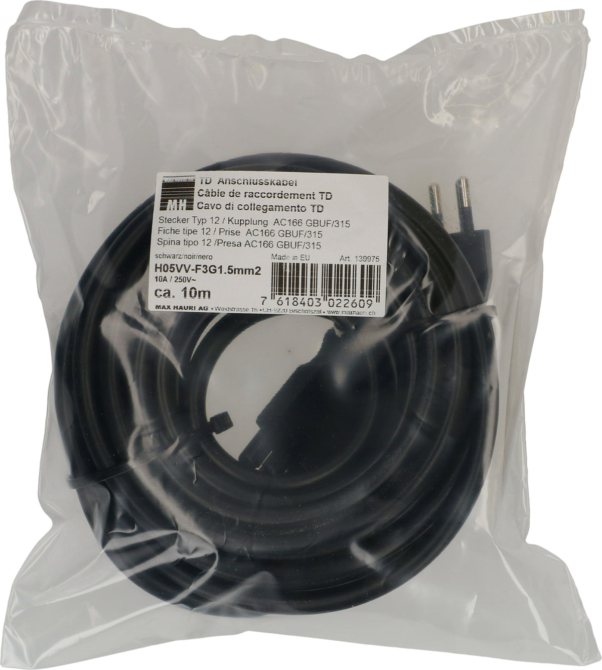 Max Hauri AG Max Hauri T12–Adels AC 166 Stromkabel – 10 m, 3×1,5 mm² H05VV-F, 230 V/10 A, schwarz