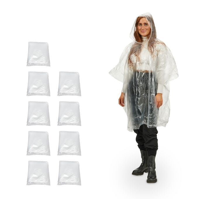 Relaxdays Regenponcho – Einheitsgrösse, 10 Stück – Transparent, Polyester, mit Kapuze, wasserfest