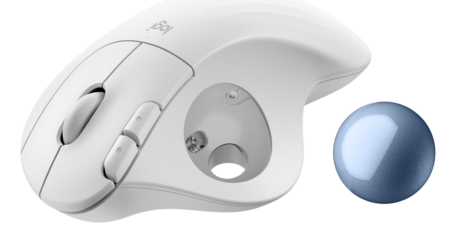 Logitech ERGO M575S – Trackball-Maus – Kabellos (Bluetooth/2,4 GHz), Rechts, Blau, Weiss