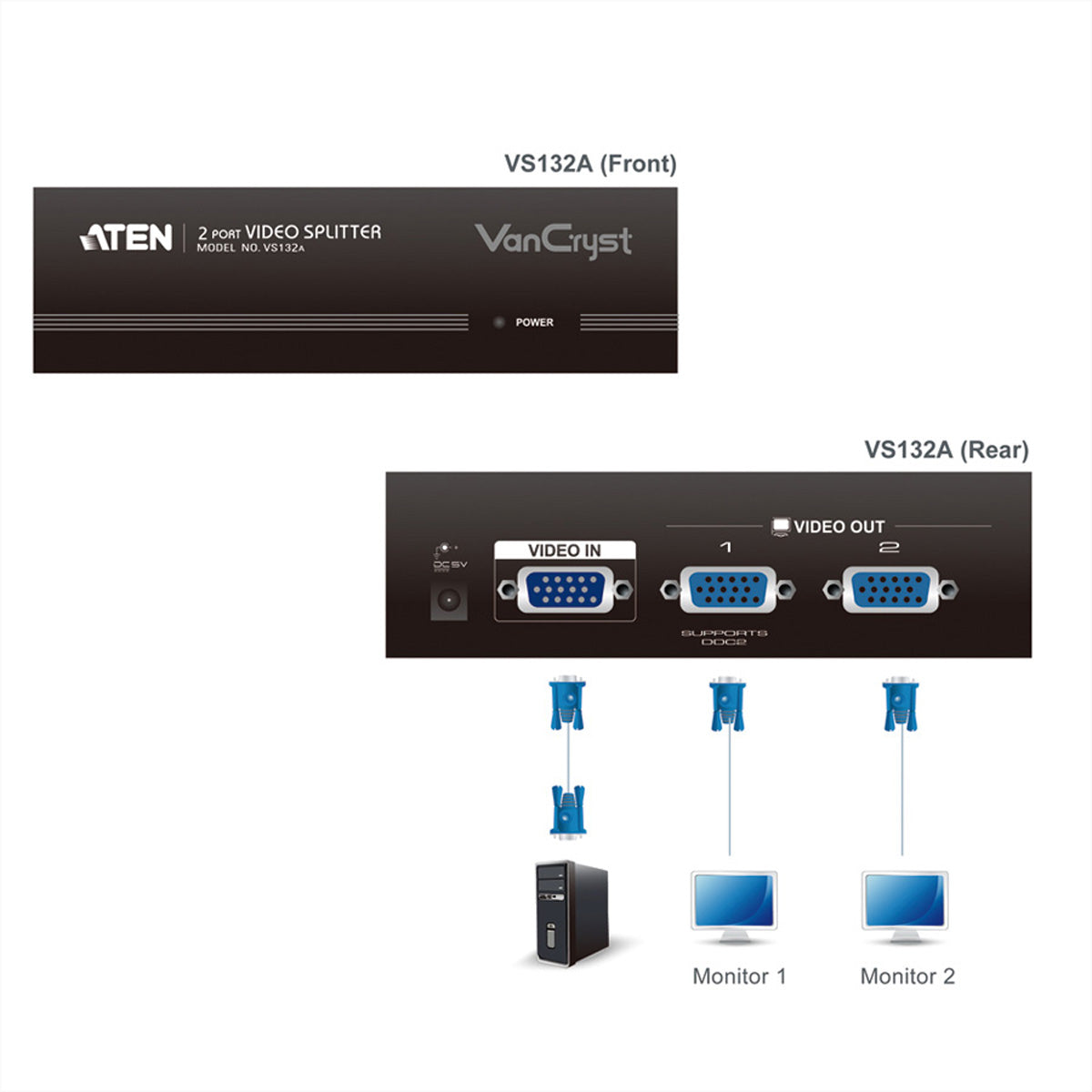 ATEN VS132A – VGA-Video-Splitter, 1× VGA Eingang/2× VGA Ausgang, 2048 × 1536 @ 60 Hz, 30 m