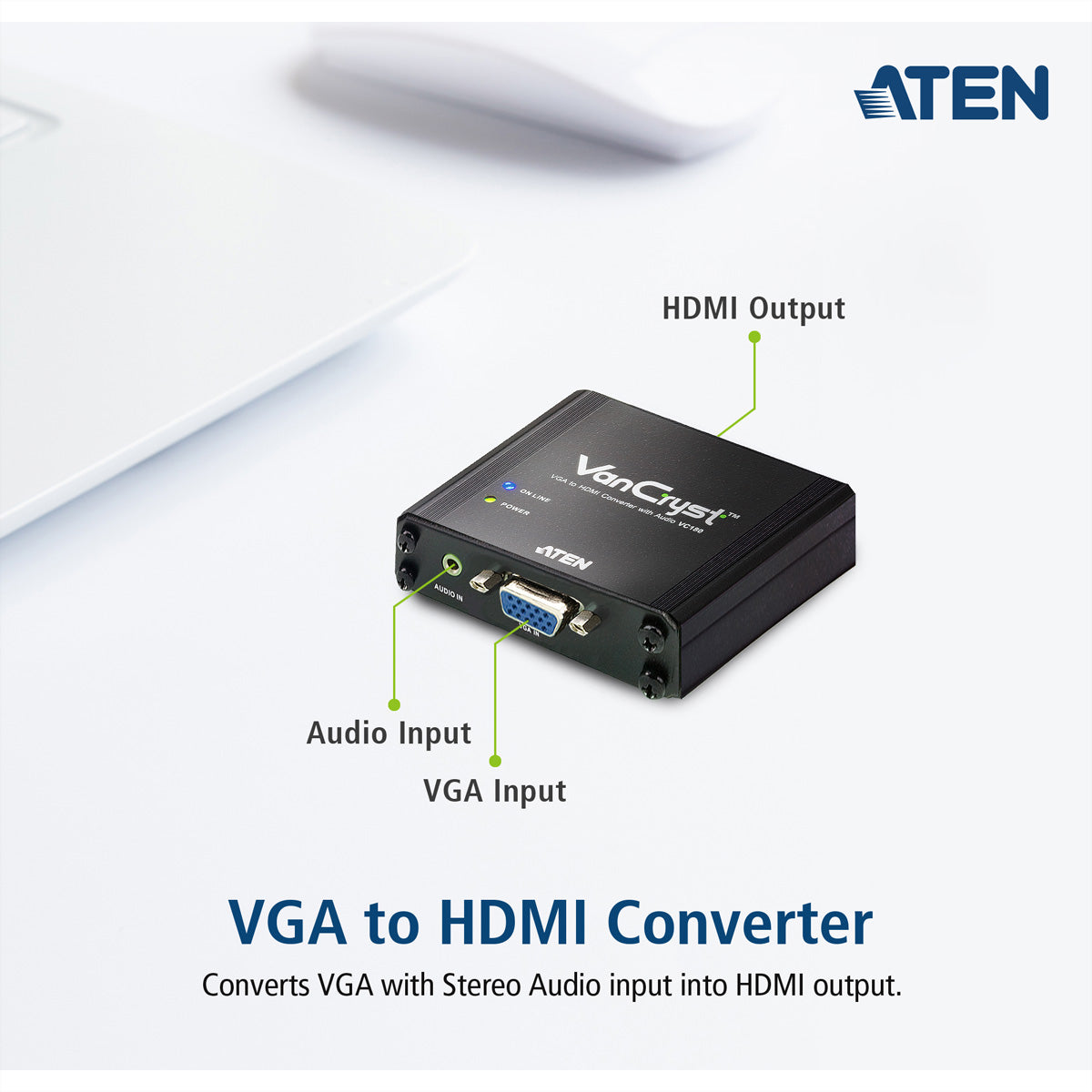 ATEN VC180 Adapter VGA zu HDMI – 1920 × 1080, 3,5-mm Audio, mit Netzteil, für VGA-Quellen