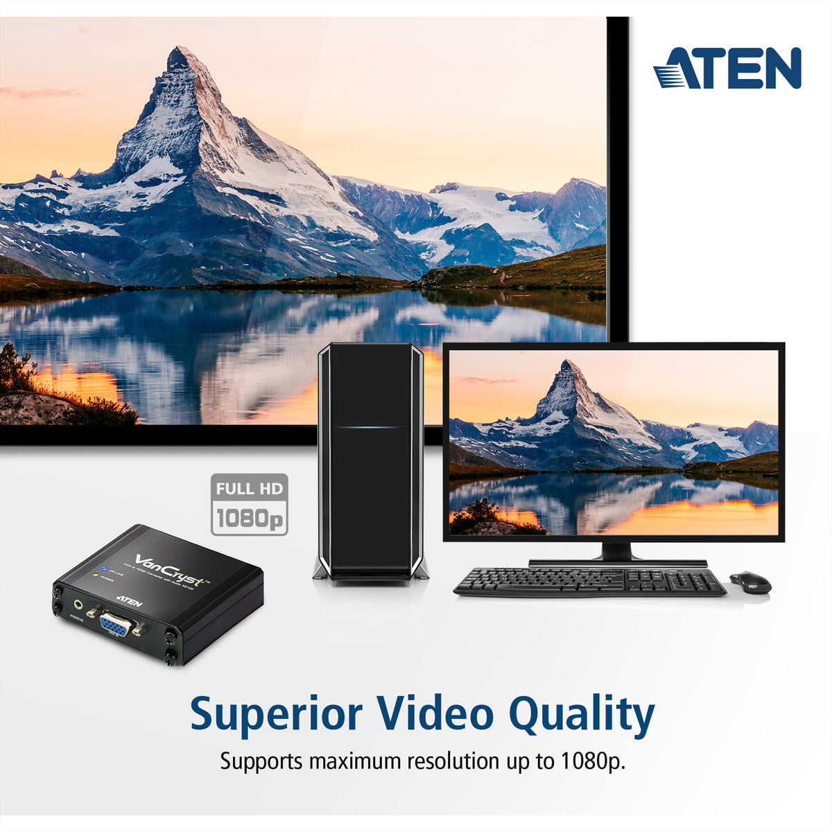 ATEN VC180 Adapter VGA zu HDMI – 1920 × 1080, 3,5-mm Audio, mit Netzteil, für VGA-Quellen