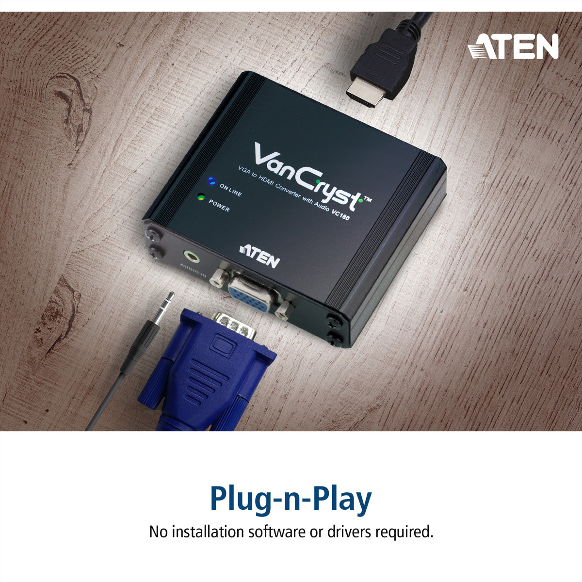 ATEN VC180 Adapter VGA zu HDMI – 1920 × 1080, 3,5-mm Audio, mit Netzteil, für VGA-Quellen