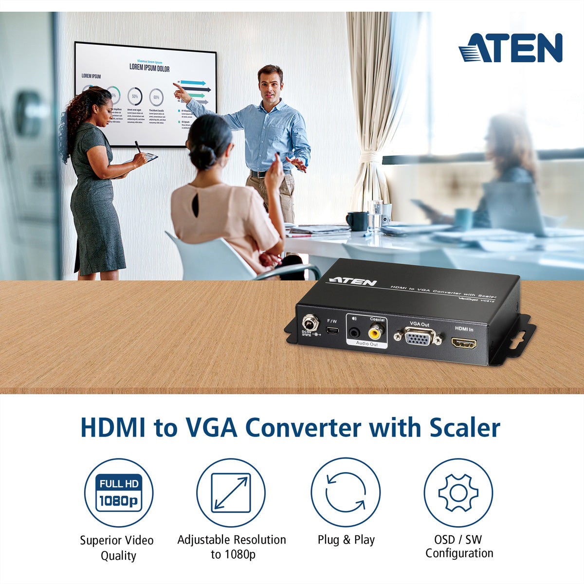 ATEN VC812 Adapter HDMI zu VGA – bis 1920 × 1200, Scaler, 1× VGA, 3,5 mm Audio, AC-Netzteil, Schwarz