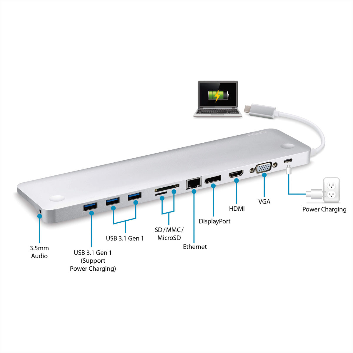 ATEN UH3234 Multiport-Adapter – USB-C, DP, HDMI, VGA, 3× USB-A, 60 W PD, GbE, SD/microSD, 3,5 mm Audio