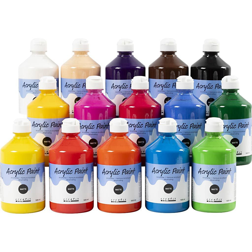 Creativ Company Acrylfarbe – Mehrfarbig, Matt – 15×500 ml (7,5 l) – für Karton, Papier, Pappe