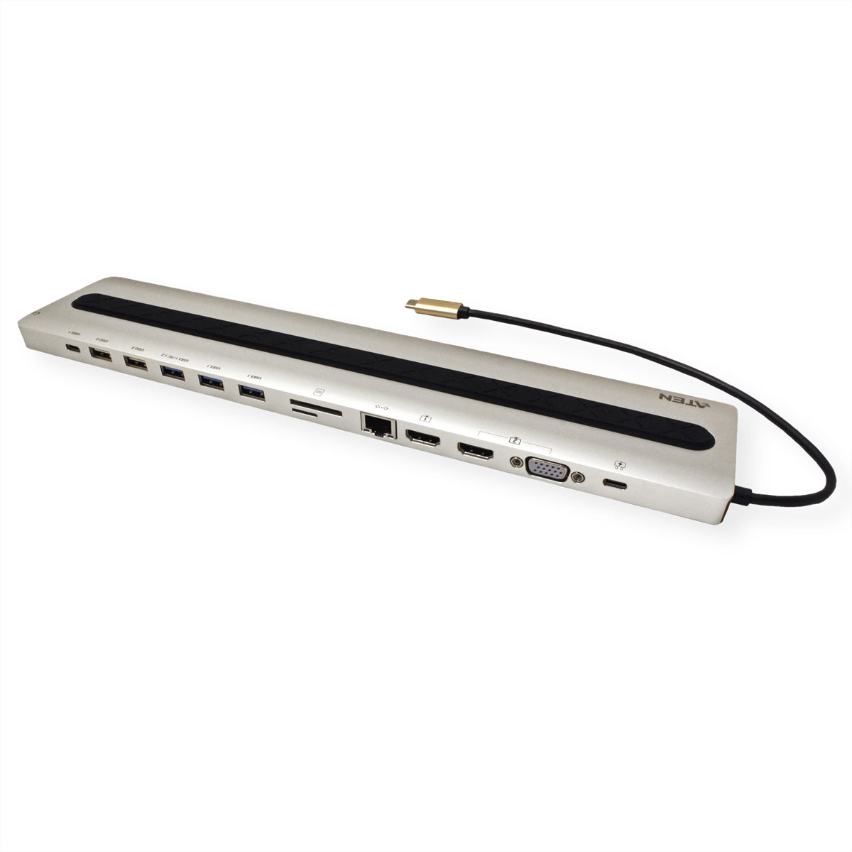 ATEN UH3237 Multiport-Adapter – USB-C, 2× HDMI, 1× VGA, 5× USB-A, 1× USB-C, 85 W PD, GbE, SD/microSD