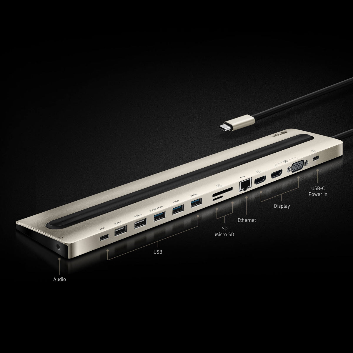 ATEN UH3237 Multiport-Adapter – USB-C, 2× HDMI, 1× VGA, 5× USB-A, 1× USB-C, 85 W PD, GbE, SD/microSD