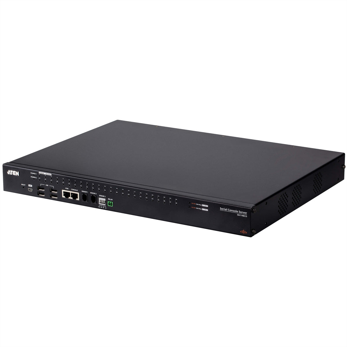 ATEN SN1148CO Serieller Konsolenserver – 48× serielle Ports, 2× SFP, 4× USB 2.0, Dual Power – Schwarz