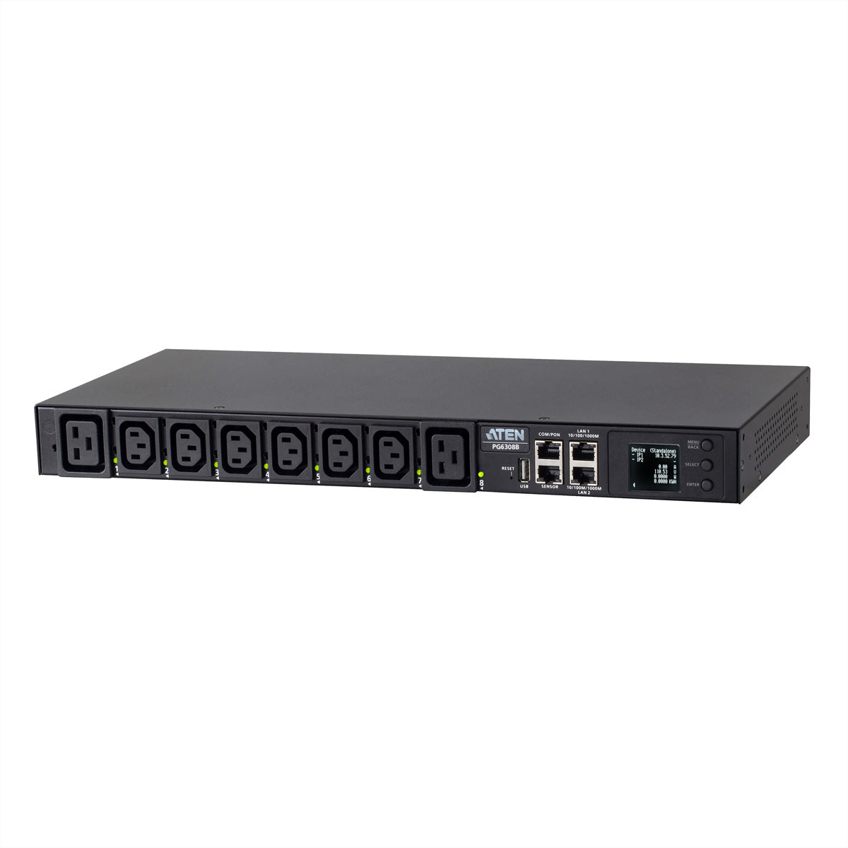 ATEN PG6308G – Intelligente PDU – 19" Rack, 1U, 8×AC (6×C13, 2×C19), LCD, 2×RJ45, Schwarz