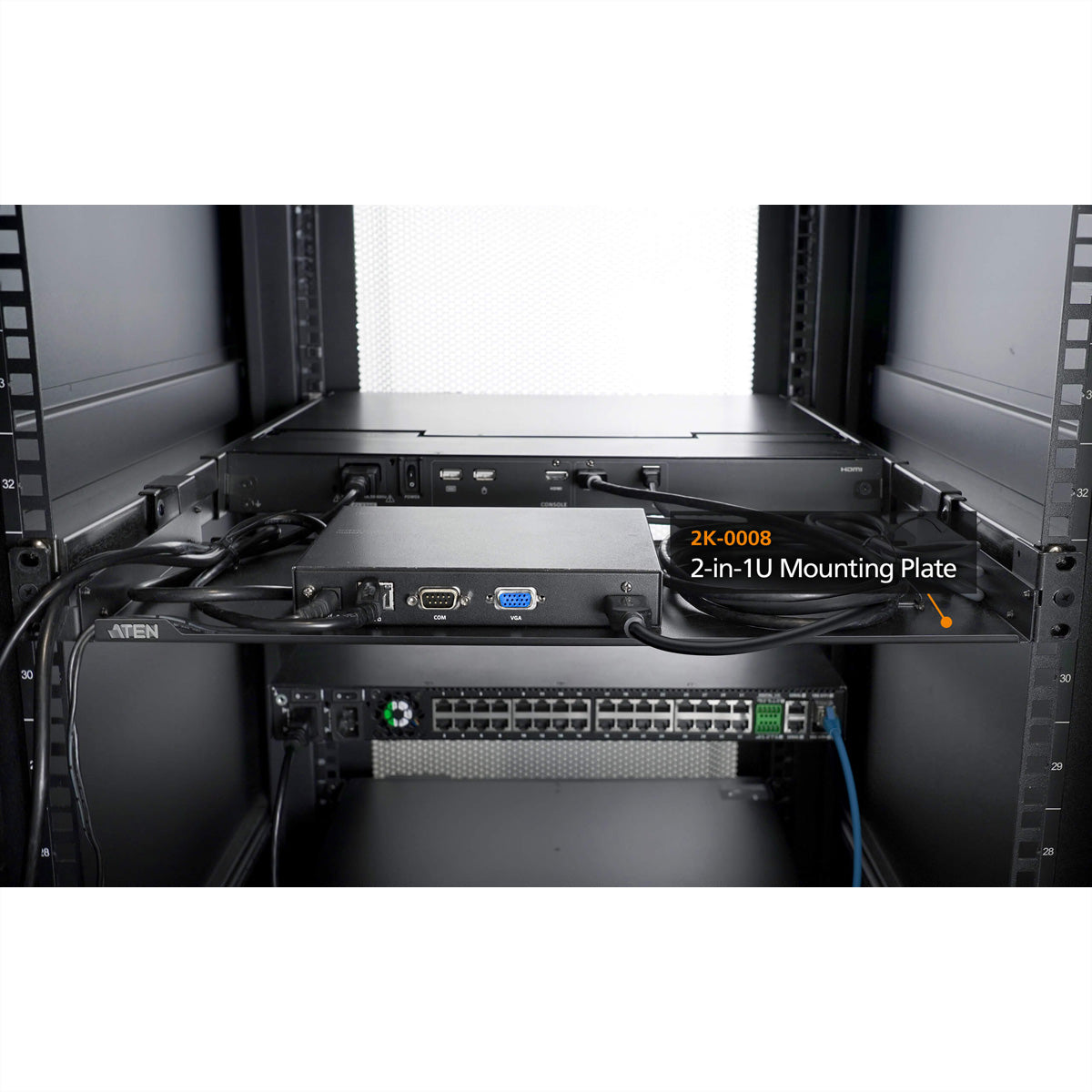 ATEN 2K-0008 – 2-in-1U Montageplatte – Rack 1U, Schwarz, für 2K-0001/2K-0002