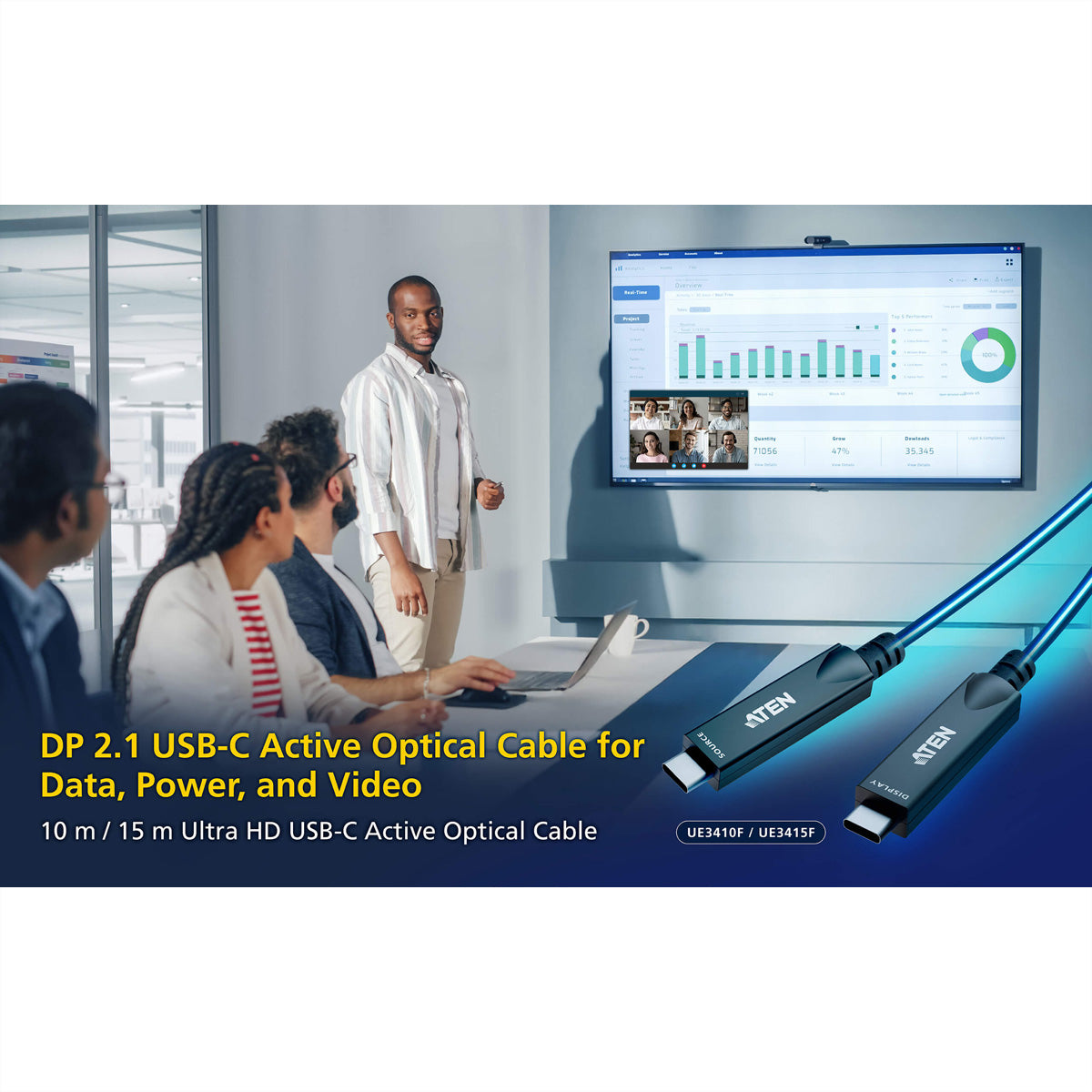 ATEN USB-C Verlängerungskabel – USB 3.2 Gen 2 (10 Gbit/s) – 10 m – PD 60 W – 4K/60 – Aktiv, optisch – Schwarz